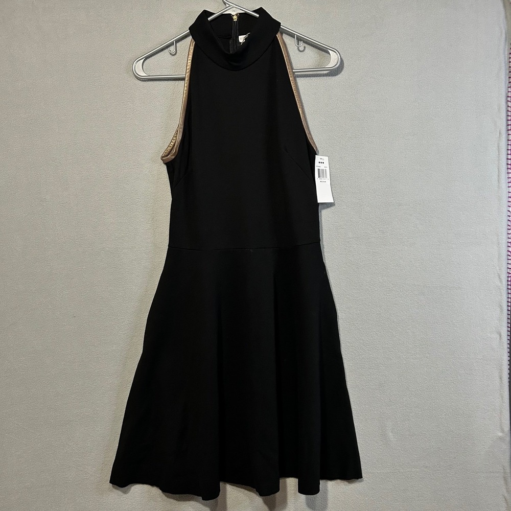 Three Dots Womens Black Fit and Flare Dress Medium Halter Brown Leather Trim